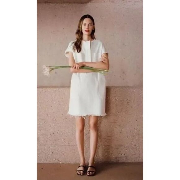 Everlane Womens XL Denim Workwear Shirt Dress Frayed Hem in Bone Organic Cotton - Picture 1 of 15